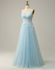 Bridesmaids Dress Ideas, Sky Blue A-Line Spaghetti Straps Tulle Prom Dress With 3D Appliques