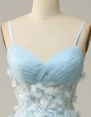 Bridesmaids Dress Long, Sky Blue A-Line Spaghetti Straps Tulle Prom Dress With 3D Appliques