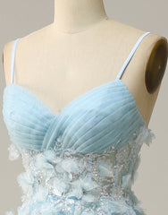 Bridesmaids Dresses Long, Sky Blue A-Line Spaghetti Straps Tulle Prom Dress With 3D Appliques