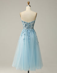 Bridesmaid Dress Idea, Sky Blue A-Line Tea Length Strapless Party Dress With Beading