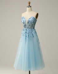 Bridesmaid Dress Inspiration, Sky Blue A-Line Tea Length Strapless Party Dress With Beading
