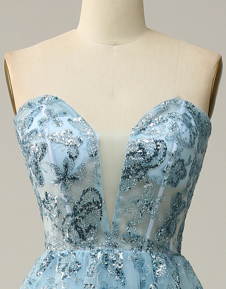 Bridesmaids Dresses Ideas, Sky Blue A-Line Tea Length Strapless Party Dress With Beading