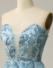 Bridesmaids Dresses Idea, Sky Blue A-Line Tea Length Strapless Party Dress With Beading
