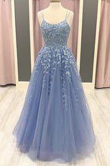 Classy Outfit Women, Spaghetti Straps Blue Lace Long Blue Lace Prom Dresses