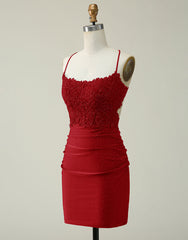 Party Dresses And Tops, Dark Red Bodycon Spaghetti Straps Short Homecoming Dress