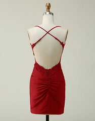 Party Dresses Online Shopping, Dark Red Bodycon Spaghetti Straps Short Homecoming Dress