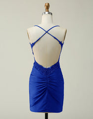 Bridesmaid Dress Gown, Royal Blue Lace Top Spaghetti Straps Body Homecoming Dress