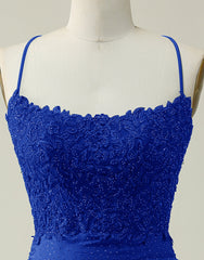 Bridesmaid Dressing Gowns, Royal Blue Lace Top Spaghetti Straps Body Homecoming Dress