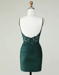 Bridesmaid Dresses Ideas, Spaghetti Straps Dark Green Short Tight Homecoming Party Dress