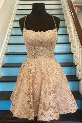 Formal Dress On Sale, Spaghetti Strap Vintage Gold Lace Applique Criss Cross Short Homecoming Dresses