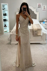 Sparkly Gold Mermaid Spaghetti Straps Long Prom Dress With Slit