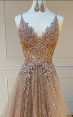 Homecoming Dresses Ideas, modest tulle v-neck a-line long lace prom dress formal evening gowns