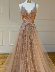 Homecoming Dresses Classy, modest tulle v-neck a-line long lace prom dress formal evening gowns
