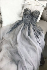 Formal Dress Outfits, Strapless Sweetheart Neck Gray Lace Long Strapless Gray Lace Lace Gray Prom Dresses
