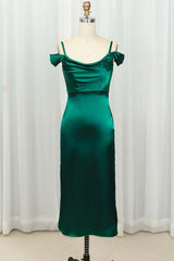 Party Dress Mid Length, Straps Green Silk Satin Bodycon Midi Dress