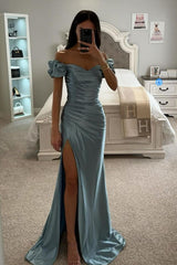 Stunning Champagne Mermaid Off The Shoulder Long Satin Prom Dress With Slit