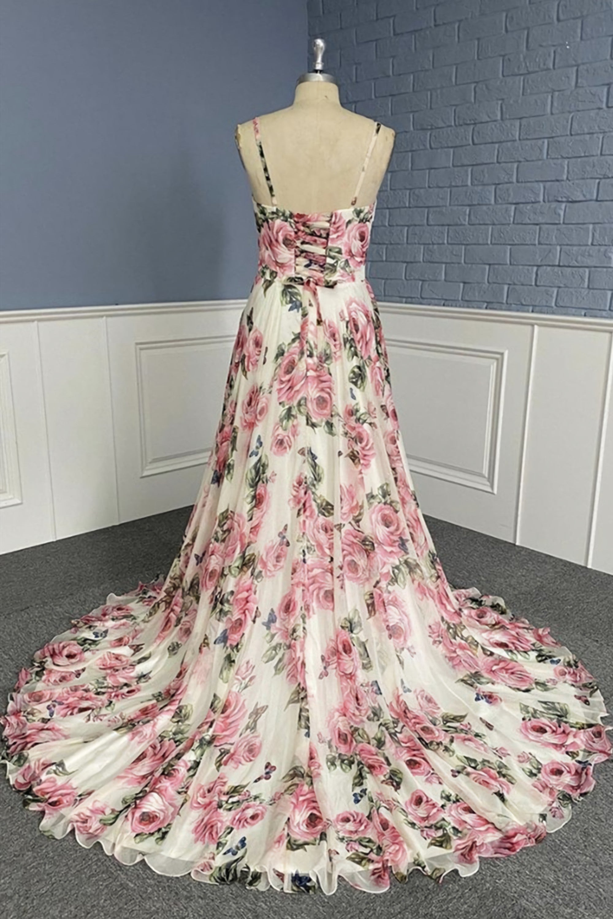 Bridesmaid Dresses Vintage, Stylish V Neck Backless Floral Pattern Long Prom Dress, V Neck Floral Pattern Formal Evening Dress