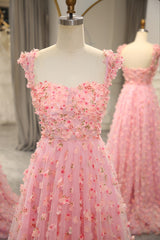 Prom Dresse Backless, Sweet Pink A-line Off The Shoulder Long Prom Dress with 3D Flowers