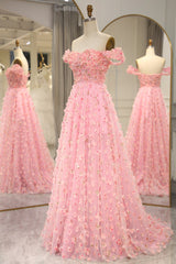 Prom Dress Off The Shoulder, Sweet Pink A-line Off The Shoulder Long Prom Dress with 3D Flowers