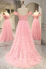 Prom Dress Long Quinceanera Dresses Tulle Formal Evening Gowns, Sweet Pink A-line Off The Shoulder Long Prom Dress with 3D Flowers