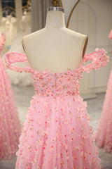 Prom Dresses 2034 Blue, Sweet Pink A-line Off The Shoulder Long Prom Dress with 3D Flowers