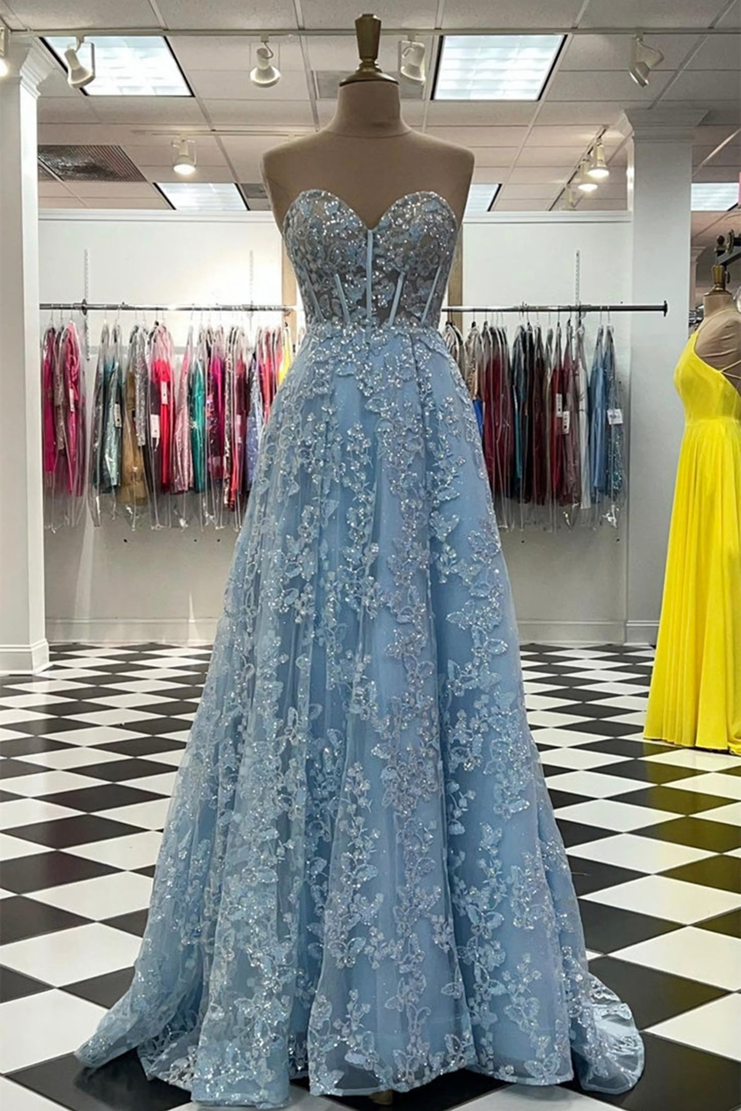 Bridesmaid Dresses Winter, Sweetheart Neck Blue Lace Appliques Long Prom Dress, With Long Sleeves Blue Lace Floral Formal Graduation Evening Dress