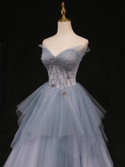Formal Dress Modest, Sweetheart Neck Blue Ombre Tulle Long Blue Ombre Long Tulle Prom Dresses