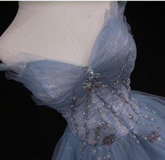 Formal Dress With Embroidered Flowers, Sweetheart Neck Blue Ombre Tulle Long Blue Ombre Long Tulle Prom Dresses