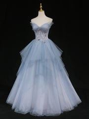 Formal Dresses Modest, Sweetheart Neck Blue Ombre Tulle Long Blue Ombre Long Tulle Prom Dresses