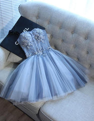Formal Dresses Classy, Sweetheart Strapless Homecoming Dresses, Beads Blue Lace Up Tulle Short Prom Dresses