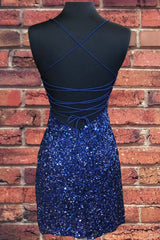 Party Dresses Classy, Lace-Up Navy Blue Tight Mini Party Dress