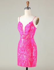 Prom Dress Ideas Black Girl, Sparkly Hot Pink Spaghetti Straps Tight Sequins Homecoming Dress