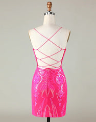 Prom Dress Two Piece, Sparkly Hot Pink Spaghetti Straps Tight Sequins Homecoming Dress