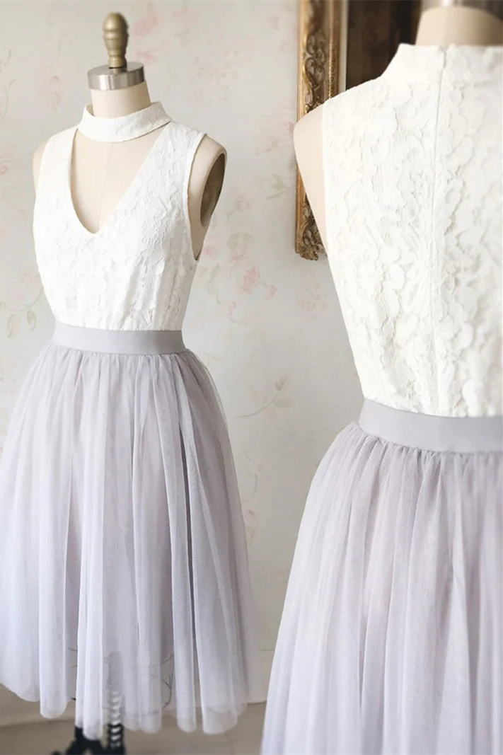 Party Dresses Shorts, Two Piece Short White and Grey Bridesmaid Dress