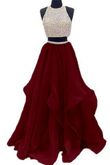 Sweater Dress, Two Piece High Neck Burgundy Prom Dress, Beaded Open Back Evening Gowns