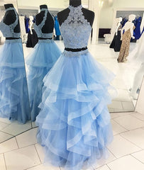 Royal Dress, Two Pieces Blue Tulle Lace Long Lace Blue Prom Dresses