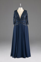 Prom Dress Gold, Navy V-Neck Long Sleeves Lace Appliques Chiffon Prom Dress