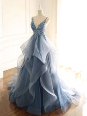 Prom Dress With Slit, V Neck Blue Gray Lace Prom Dresses, Blue Gray Lace Formal Graduation Prom Gown