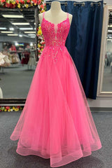Casual Gown, V Neck Hot Pink Backless Lace Prom Dresses, Open Back Hot Pink Lace Formal Evening Dresses