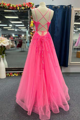 Beauty Dress Design, V Neck Hot Pink Backless Lace Prom Dresses, Open Back Hot Pink Lace Formal Evening Dresses