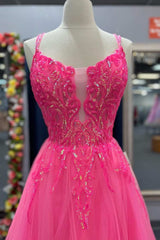 Bridesmaid Gown, V Neck Hot Pink Backless Lace Prom Dresses, Open Back Hot Pink Lace Formal Evening Dresses