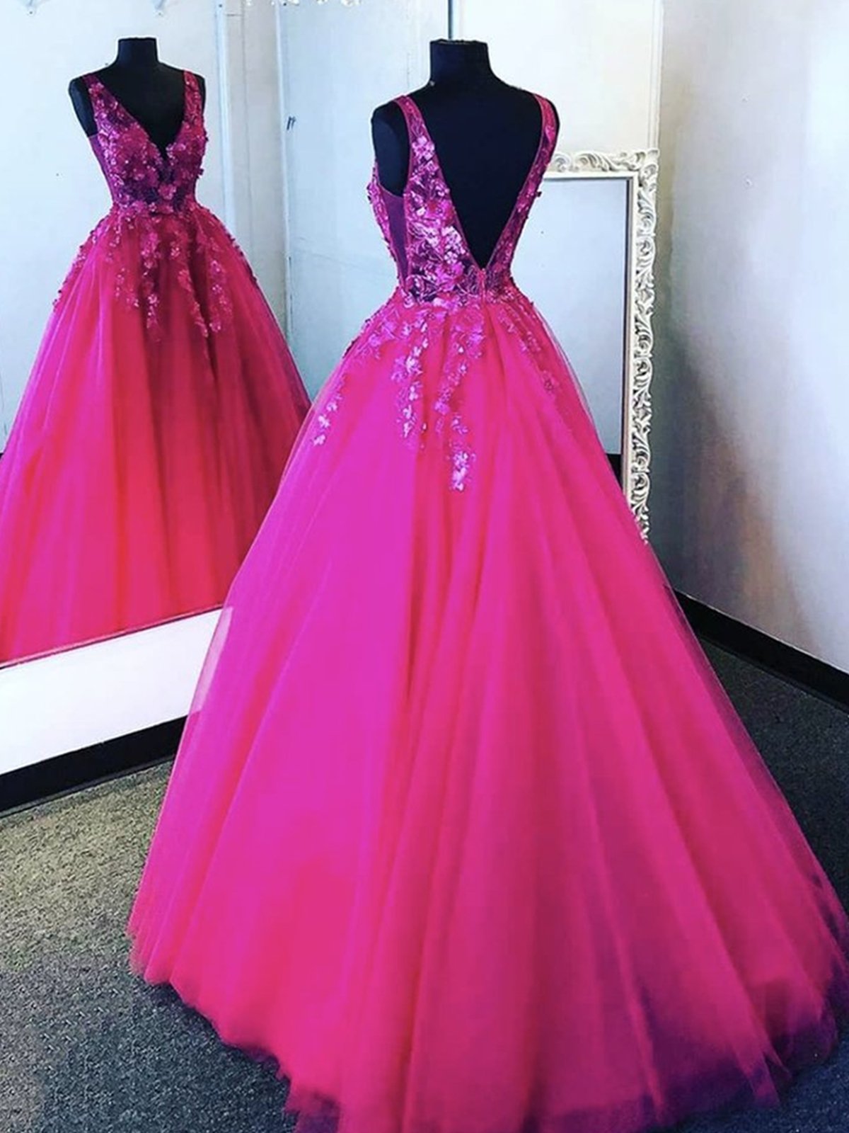 Formal Dress Suits For Ladies, V Neck Hot Pink Tulle Lace Backless Hot Pink Floral Prom Dresses