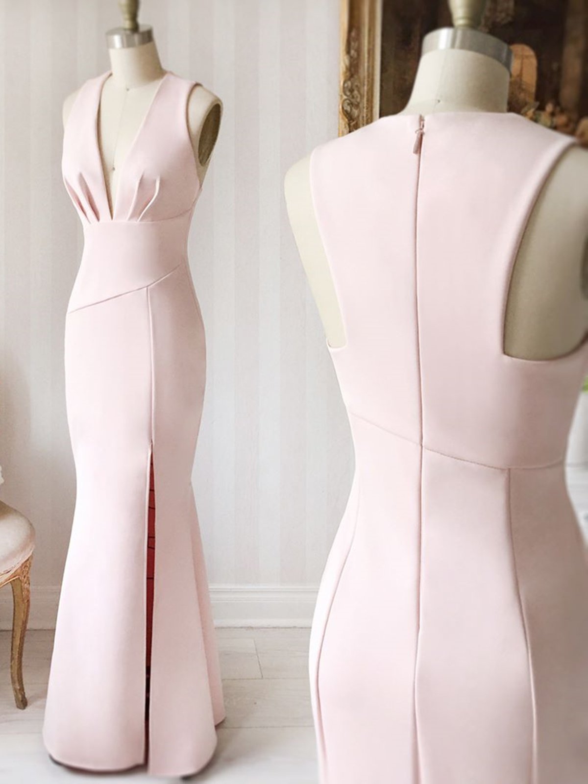 Formal Dresses For Weddings Mothers, V Neck Pink Long Pink Long Wedding Dresses