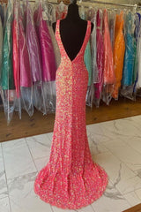 Indian Wedding Dress, V neck Sequin Mermaid Long Prom Dress