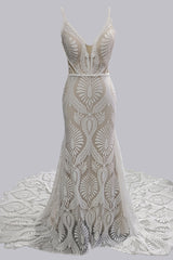 Wedding Dresses Short, Elegant Spaghetti Straps V Neck Mermaid Lace Wedding Dresses