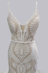 Wedding Dresses Under 501, Elegant Spaghetti Straps V Neck Mermaid Lace Wedding Dresses