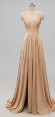 Homecoming Dress Pretty, Elegant A-Line Sexy V Neck Gold Long Modest Side-Slit Bridesmaid Dress