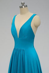 Homecoming Dress Websites, Elegant A-Line Sexy V Neck Gold Long Modest Side-Slit Blue Bridesmaid Dress