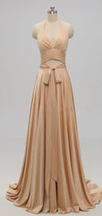 Homecoming Dresses Fashion Outfits, Elegant A-Line Sexy V Neck Gold Long Modest Side-Slit Bridesmaid Dress