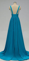 Homecoming Dress 2027, Elegant A-Line Sexy V Neck Gold Long Modest Side-Slit Blue Bridesmaid Dress